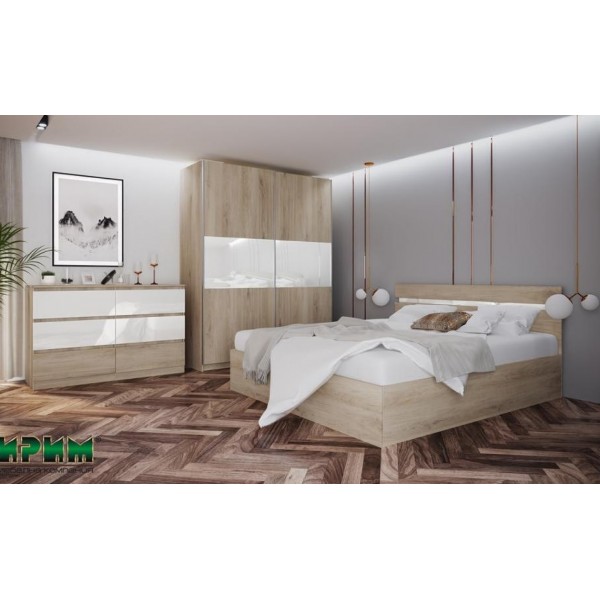 Спален комплект Сити 7083 сонома арвен/ бяло гланц - легло за матрак 180x200 см