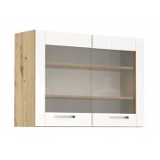ЛОРЕН G 27 - горен кухненски шкаф с две витрини Ш1000 бял гланц/ дъб артизан