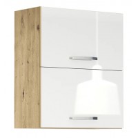 ЛОРЕН G 32 - горен кухненски шкаф с 2 клапващи врати Ш600 бял гланц/ дъб артизан