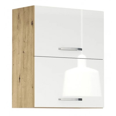 ЛОРЕН G 32 - горен кухненски шкаф с 2 клапващи врати Ш600 бял гланц/ дъб артизан